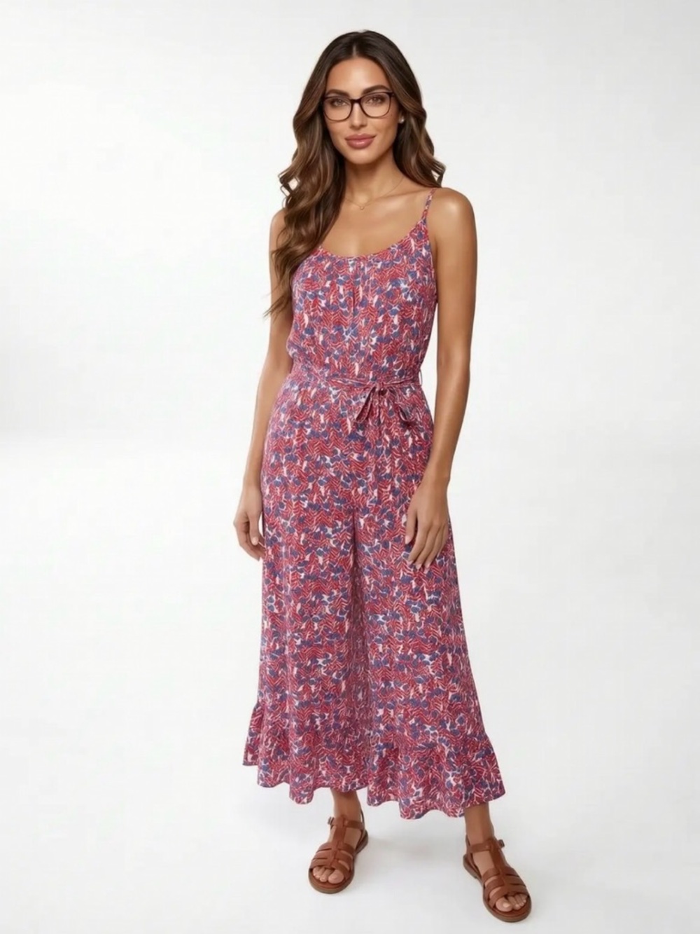 J.Crew Red Blue Floral Midi Dress Tie Waist Sleeveless Boho Summer